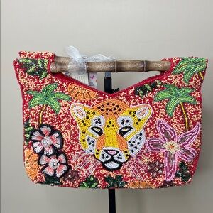 Handcrafted In India | Safari Jungle Jaguar 🐆 Floral Beaded Bag w/ Wood Handles